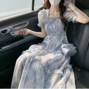 Đầm xanh hoa nhí mùa hè chữ a nữ dễ thương dáng dài đầm đi biển tiệc tiểu thư sang xinh công chúa
