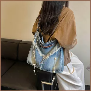 SQ11 Túi đeo vai denim cổ điển mới mùa hè dành cho nữ có tua rua Túi đeo chéo nhẹ dung tích lớn