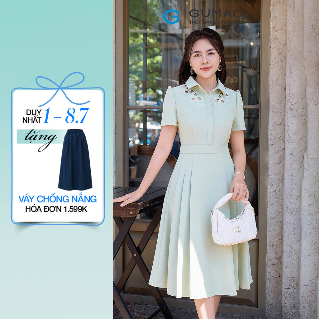 [SALE] Đầm nữ form A xòe GUMAC cổ sơ mi thêu hoa cắt lazer xếp ly vải cotton silk dày dặn DF03021