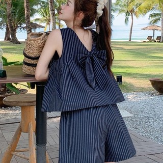 Bộ đồ sọc thời trang kiểu Pháp dành cho nữ, mẫu mới mùa hè, áo không tay hở lưng có nơ + quần short