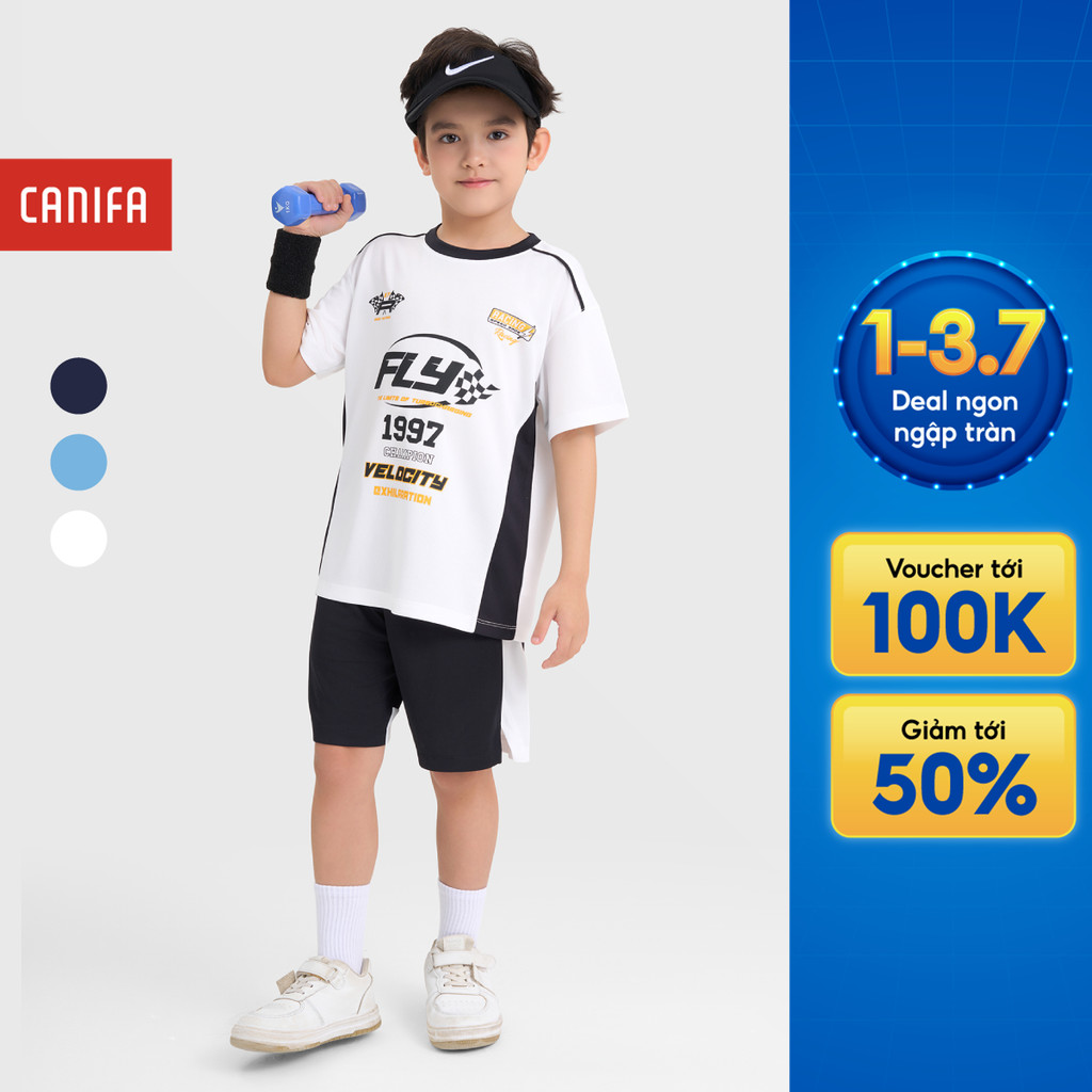 Bộ quần áo thể thao active bé trai CANIFA cộc tay phối màu có hình in 2ST25S005