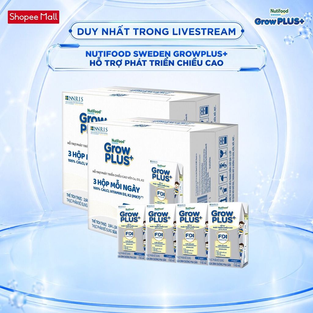 [Livestream Hannah Olala] Combo 2 Thùng 24 Hộp Sữa Bột Pha Sẵn Nutifood Sweden GrowPLUS+ Cao lớn vượt trội hộp 110 ml