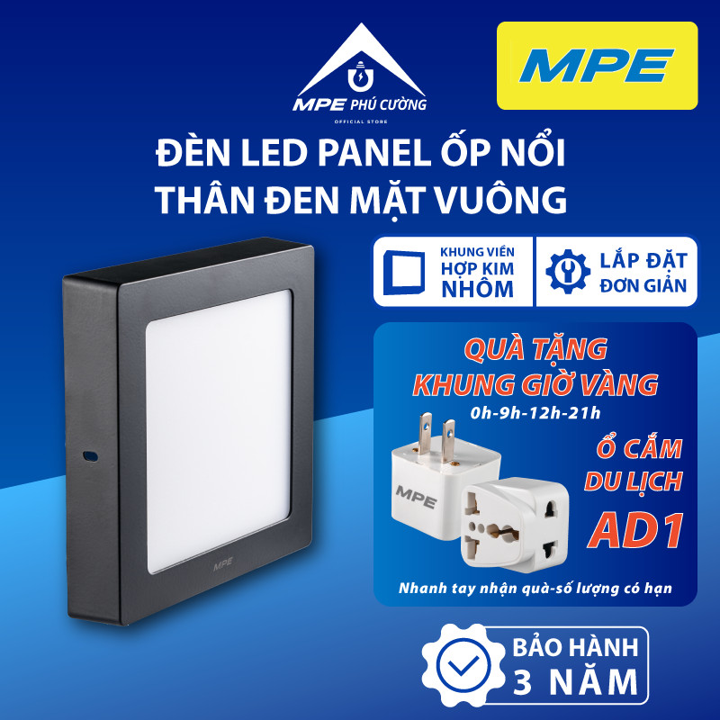 (CHÍNH HÃNG) MPE - Đèn LED panel ốp nổi nhôm thân đen mặt vuông ánh sáng trắng -vàng -3 màu công suất 12W - 18W - 24W