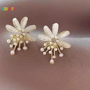 < Honeyba > Bông tai thả ngọc trai hoa thời trang dành cho phụ nữ Trang sức đám cưới Phụ kiện tiệc tùng đẹp