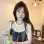 Thiết kế giả hai mảnh ren khâu áo Vest không tay Sling nữ mặc ngoài Áo sơ mi trẻ em phong cách phương Tây ngọt ngào Hàn Quốc