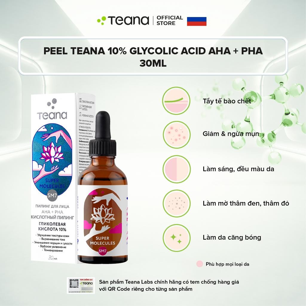 Peel Teana 10% Glycolic Acid SM7 Super Molecules AHA + PHA  tẩy da chết hoá học giảm mụn và làm sáng da 30ml