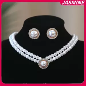 JASMINE 3 Thời Trang Hai Lớp Ngọc Trai Mặt Dây Chuyền Nelace Bông Tai Bộ Trang Sức Nữ Tiệc Cưới Phụ Kiện Trang Sức Quà Tặng JASMINE