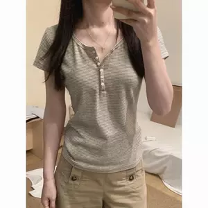 Áo thun ngắn tay đeo vai sọc phong cách Hàn Quốc dành cho nữ Mùa hè Phong cách mới Slim-Fit bm Style Lazy Niche