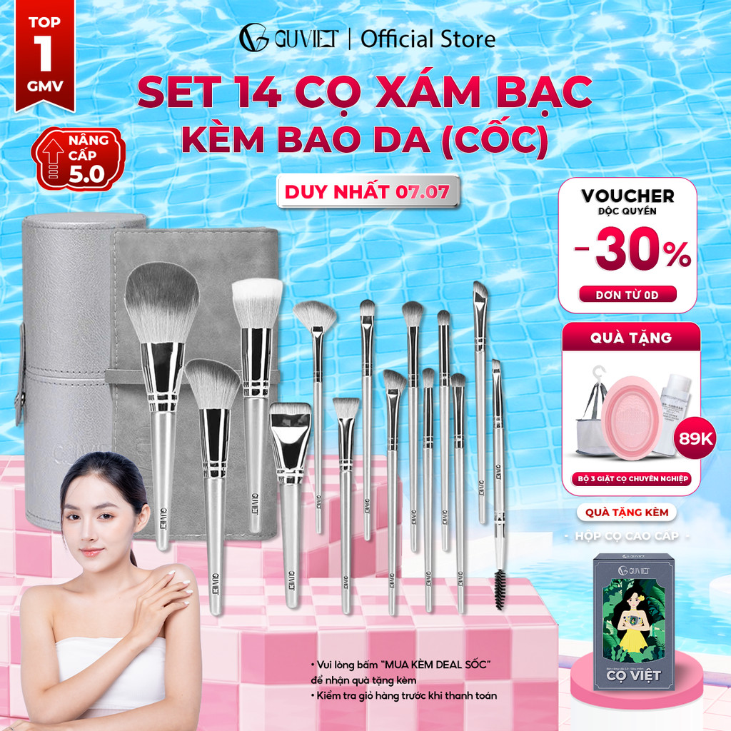 Bộ cọ trang điểm cá nhân GUVIET set 14 cây màu xám bạc có bao da (cốc)