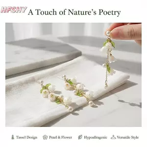 HFSHY 2026 Trang Sức Nữ Thời Trang: Lily Of The Valley & Pearl Vòng Tay Bịt Tai Xanh Và Bông Tai Dài VN