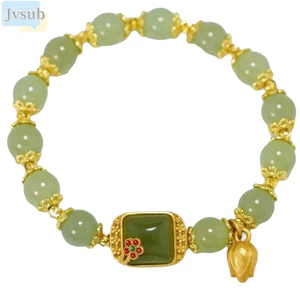 Vòng tay JVSUB Hotan, Vòng tay hình hoa sen đường vuông Hetan Jasper, Thời trang thanh lịch Retro Tinh tế Phong cách Trung Quốc Dây đeo cổ tay đàn hồi Quà tặng sinh nhật
