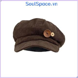 Mũ hình bát giác SOULSPACE, Giữ ấm Mũ bóng chày vải nhung có thể điều chỉnh, Mũ nồi trang trí hai nút chống gió thông thường Mũ nồi mùa thu đông dành cho nữ Cô gái