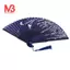 Quạt tay ren tre gấp, bướm xanh đậm và hoa trắng
