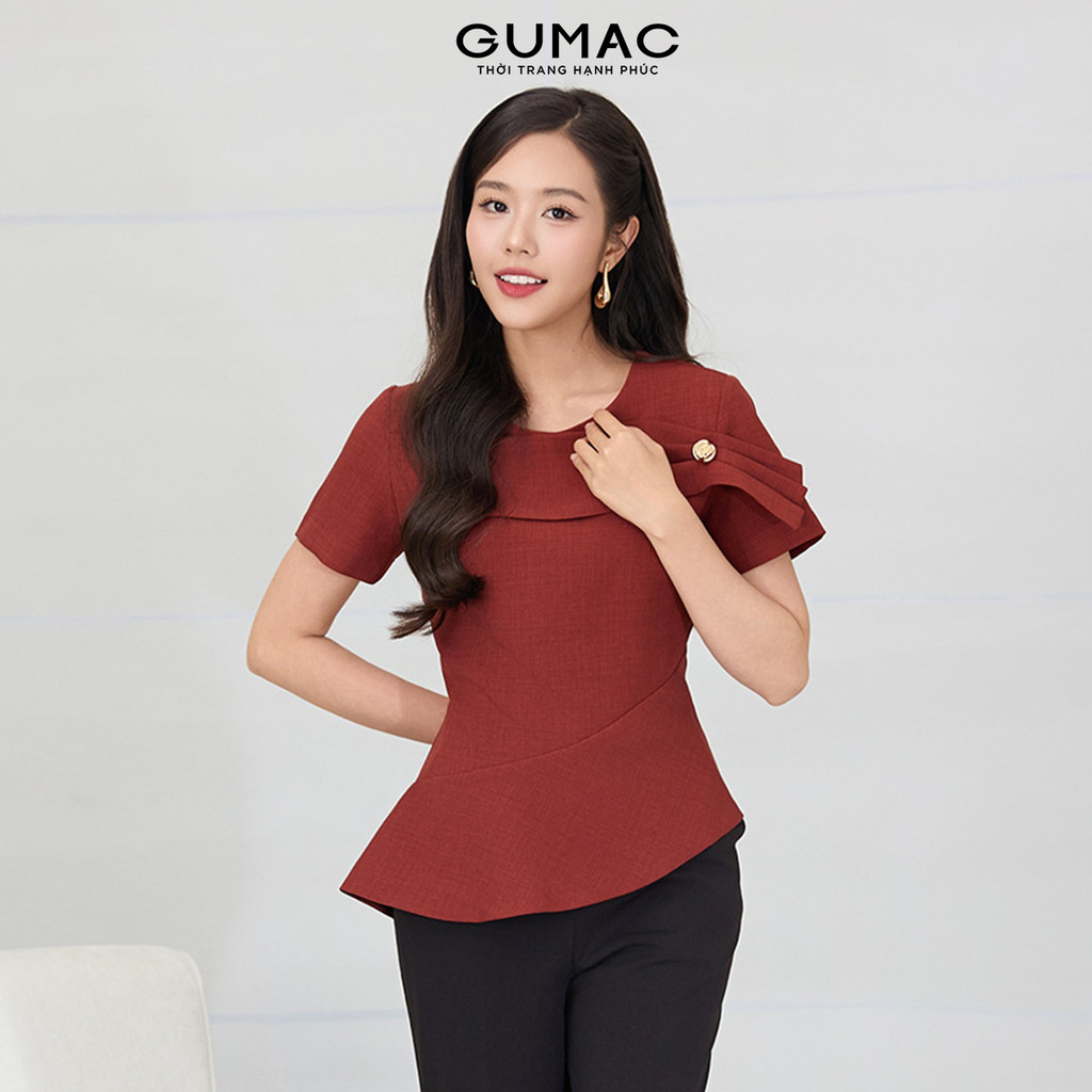 Áo Peplum Nữ GUMAC Kiểu Lai Lệch 2 Lớp Tay Ngắn Đính Phụ Kiện Sang Trọng Thanh Lịch AF12057
