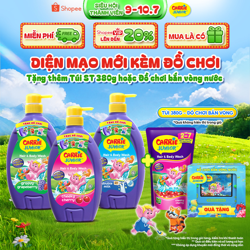 [MỚI-Tặng đồ chơi bắn vòng nước] Sữa Tắm Gội thành phần thiên nhiên Sạch Dịu Nhẹ & ẩm mịn Cho Bé Carrie Junior 700g