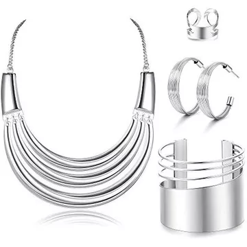 JOERICA Yếm Vòng Cổ Vòng Cổ Bạc Vàng Bộ Trang Sức Tay Tay Mở Bông Tai Có Thể Điều Chỉnh Nhẫn Chunky Bạc Tuyên Bố Trang Phục Bộ Trang Sức Dành Cho Nữ