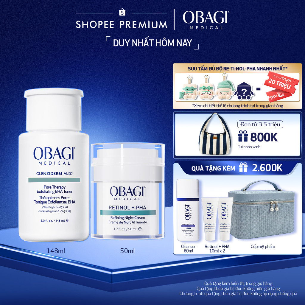 Bộ đôi Kem Dưỡng Đêm Obagi Retinol + PHA 50ml và Toner Obagi Clenziderm M.D. Exfoliating 2% BHA 148ml