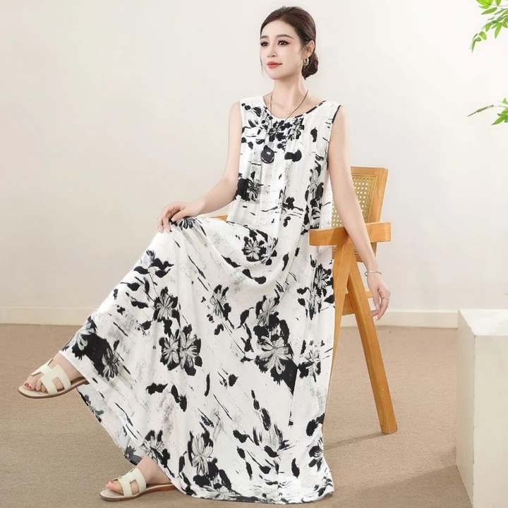 Đảo Đẹp Bên Biển Đầm Ôm Hơn Nhìn Không Tay Áo Vest Đầm Kỳ Nghỉ Phong Cách Size Lớn Cotton Lụa Đầm