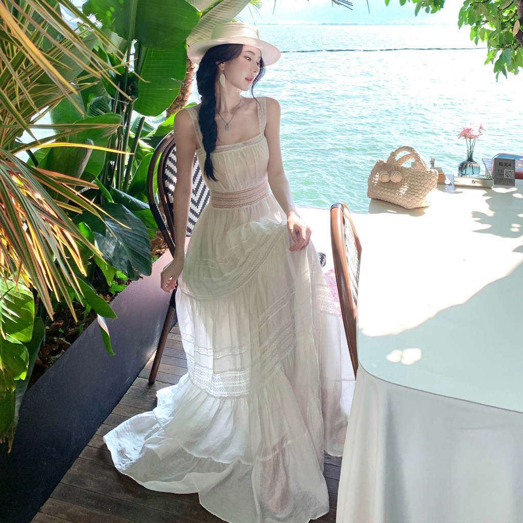 Đầm maxi trắng phong cách Pháp, phối ren thanh lịch tiểu thư Paris