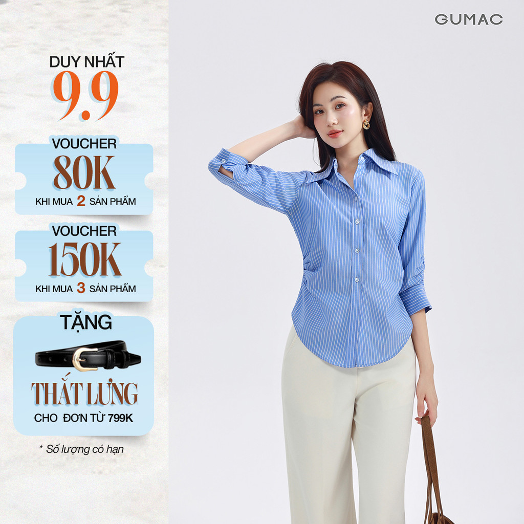 Áo Sơ Mi Nữ GUMAC Áo Kiểu Công Sở Kẻ Sọc Tay Lửng Chiết Ly Eo Tôn Dáng Vải Kate Cao Cấp AF01024