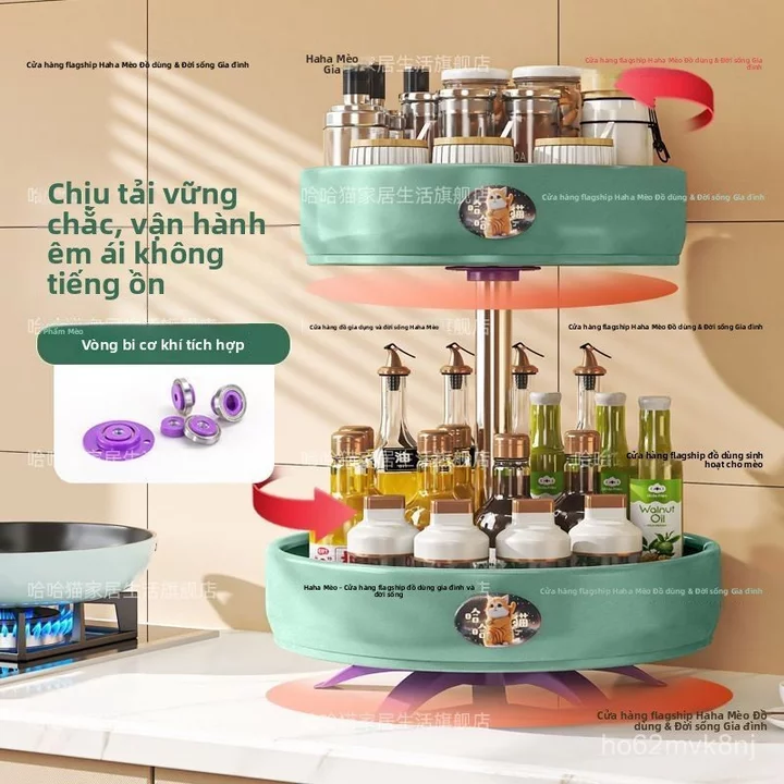 Kệ xoay nhà bếp đa năng để gia vị, sắp xếp chai lọ nước tương, gia vị, hai tầng, vật dụng gia đình tiện ích.