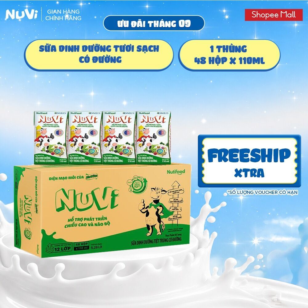 Thùng 48 Hộp Sữa Dinh Dưỡng Tươi Sạch NuVi Có Đường 110ml