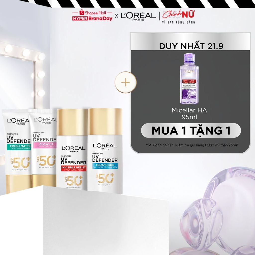 [CHỐNG NẮNG WATERGEL MỚI] Chống Nắng Phổ Rộng Thoáng Da, Kháng Mọi Tác Động UV Defender SPF 50+ PA++++ Loreal Paris 50ml