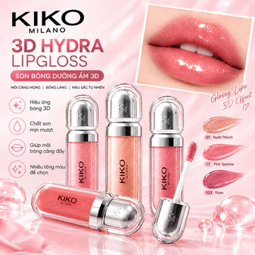 KIKO MILANO 3D Hydra Lipgloss 6.5ml - Son Bóng Căng Mọng, Dưỡng Môi Mềm Mịn, Hiệu Ứng Ánh Nhũ 3D