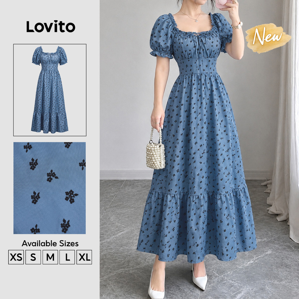 (New Arrival) Lovito Đầm nữ màu Xanh Thanh lịch họa tiết Hoa nhí bèo nhún buộc dây dáng chữ a dài công sở mùa xuân hè DRK10P1D493