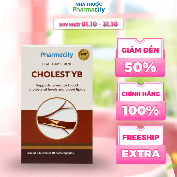 Viên uống Pharmacity Cholest YB hỗ trợ giảm cholesterol máu, giảm mỡ máu (Hộp 30 viên nang cứng)