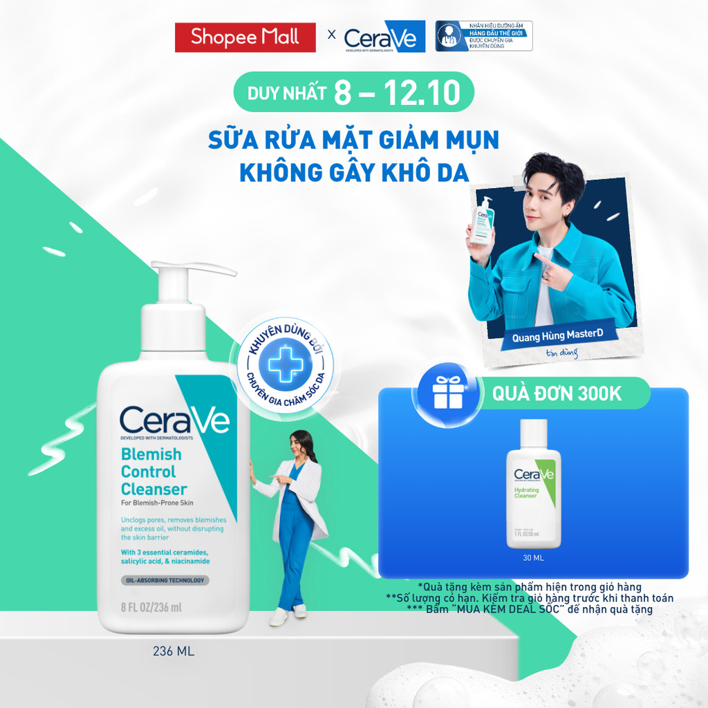 Sữa rửa mặt giảm mụn không gây khô da, không gây tổn hại bảo vệ hàng rào da - CeraVe Blemish Control Cleanser 236ml