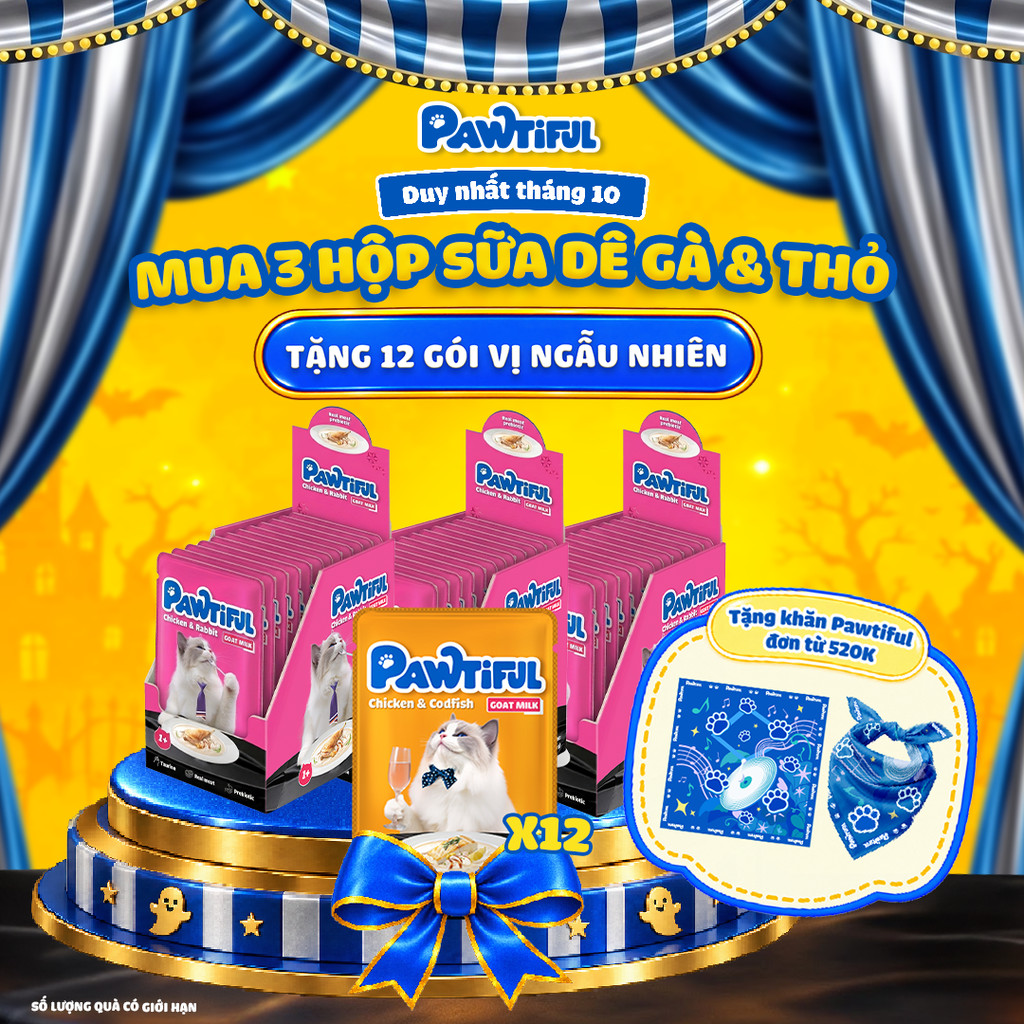 [MUA 3 HỘP TẶNG 12 GÓI] 3 Hộp Pate Pawtiful cho mèo dạng Sữa dê vị Gà & thỏ 3hộp x12gói x70g