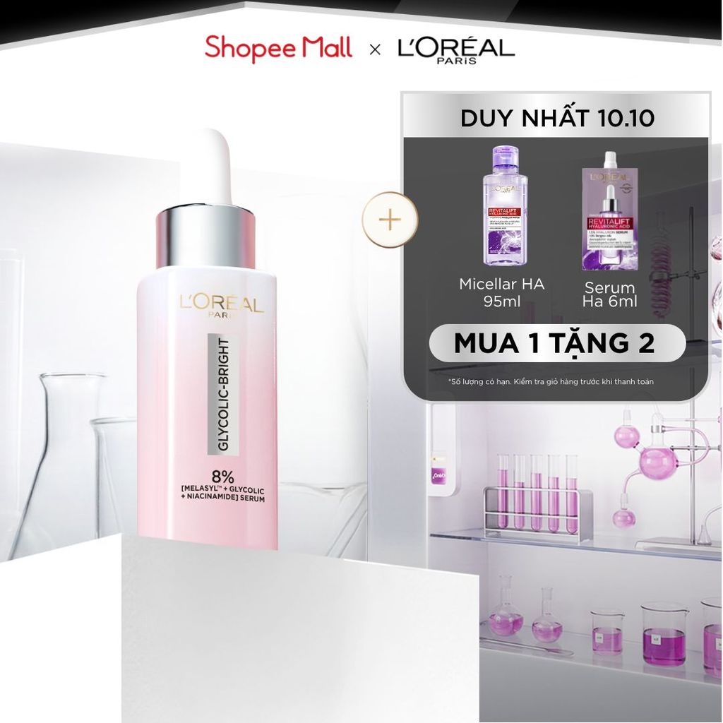 Serum Glycolic Melasyl 8% [Melasyl+Glycolic+Niacinamide] dưỡng sáng da, mờ thâm mụn & nám Loreal Paris 30ml