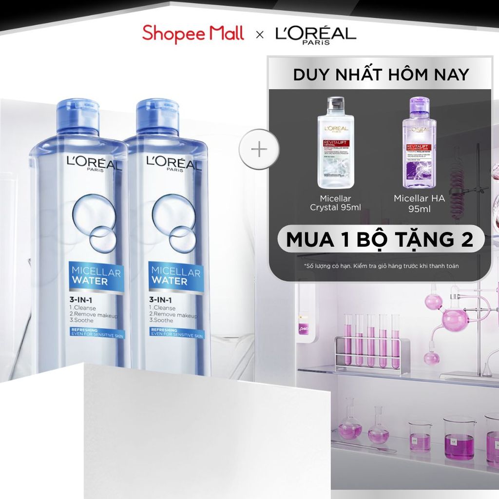 Bộ 2 nước tẩy trang đa năng 3in1 tươi mát L'Oreal Paris (xanh dương nhạt) 400ml