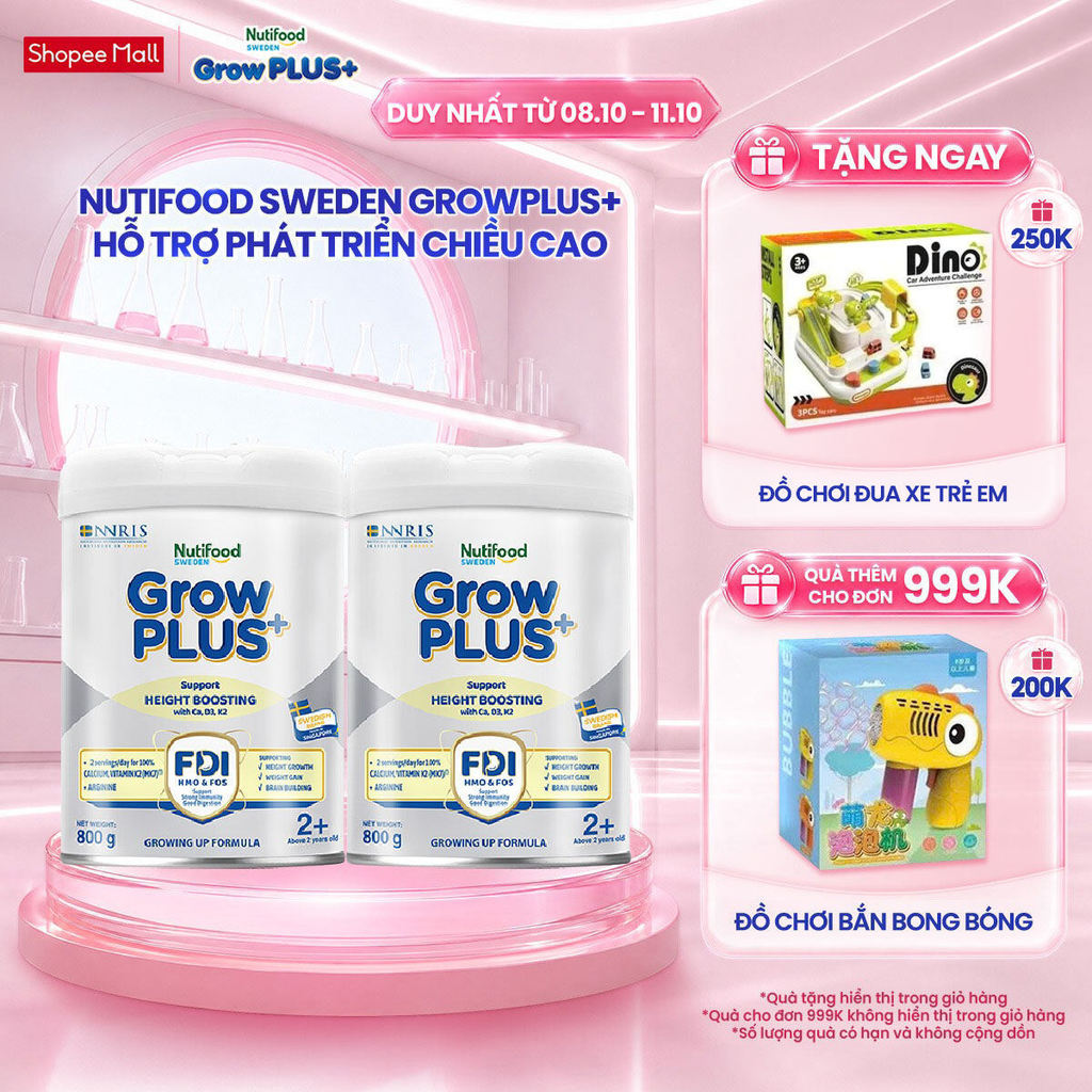 Combo 2 Sữa Bột Nutifood Sweden GrowPLUS+ Cao lớn vượt trội trên 2 tuổi (Bạc) 800g