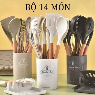 Bộ Dụng Cụ Nấu Ăn Bằng Silicone Cán Gỗ Kitchen Set Cao Cấp - Chất Liệu Tuyệt Đối - Chịu Nhiệt Chống Dính