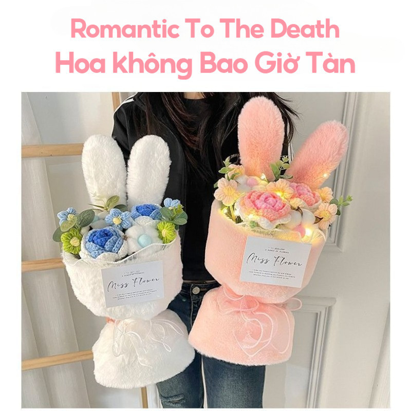 (Tặng TÚI + ĐÈN LED) Bó Hoa Len Tai Thỏ, 3 Bông Hoa Hồng Len, Handmade Thủ Công, Quà Tặng Người Yêu