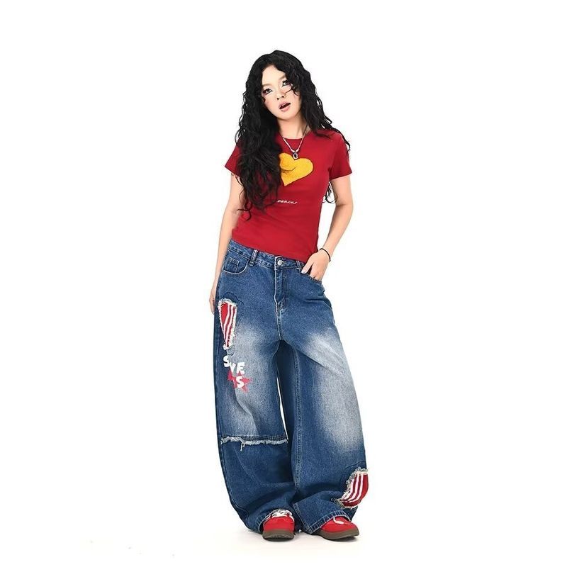 Quần Jean Nam Ống Rộng Phong Cách Nhật Bản, Thiết Kế Chắp Vá và Vintage Rách, Phù hợp cho Hàng Ngày