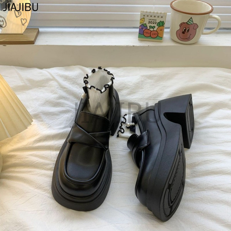 Size 35-43 Giày Lười Mũi Tròn Chống Trượt Chất Lượng Cao Cỡ Lớn Phong Cách Anh Dành Cho Nữ 42 Korean Fashion Beige / Black Platform Mary Jane Small Leather Shoes 41 Giày Cao Gót Dày JK Lolita Nhật Bản Đi Học