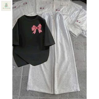 Tổng hợp quần  ống rộng chất da cá xám + mix áo phông form rộng tay lỡ unisex NƠ KẺ CARO ĐỎ-thubaquanao
