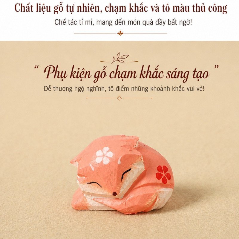 Móc Khóa Gỗ Hình Cáo Ngủ Khắc Tay Dễ Thương Treo Chìa Khóa Túi Xách Balo Quà Tặng