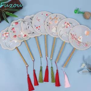 Quạt tròn FUJIOU, Quạt lụa bán trong suốt cổ điển, Phong cách hai mặt có tua rua Quạt cầm tay cổ điển Trang phục nữ Hanfu Sườn xám