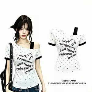 Áo thun ngắn tay đeo vai giả Dopamine mùa hè kiểu Mỹ chấm bi in chữ ngọt ngào Slim-fit Slimmer Look Ngắn hợp thời trang Top nữ