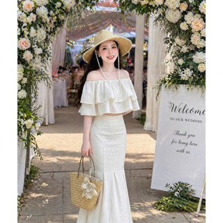 Set Áo Trễ Vai Bèo 2 Tầng + Chân Váy Đuôi Cá Dài Dáng Ôm Thanh Lịch Đi Tiệc Du Lịch K&B FASHION