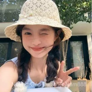 Mũ xô dệt rỗng nơ nữ mùa hè Phong cách mới Mũ xô mặt nhỏ Mũ che nắng Mũ chống nắng