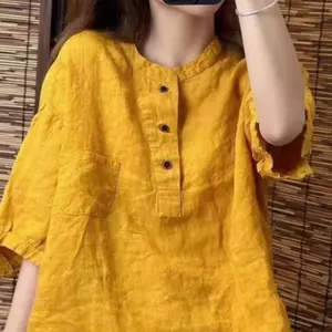 Thứ tự đuôi ngoại thương mùa hè Áo sơ mi ngắn tay bằng vải lanh Cotton màu trơn văn học cổ điển rộng che phủ thịt Niche phù hợp với áo sơ mi cỡ lớn thông thường dành cho nữ
