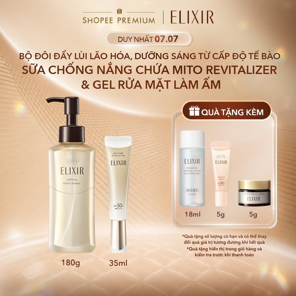 COMBO Sữa chống nắng ELIXIR DAY CARE REVOLUTION 35ml + Gel rửa mặt sạch sâu, dưỡng ẩm Elixir Clarifying Warm Cleanser