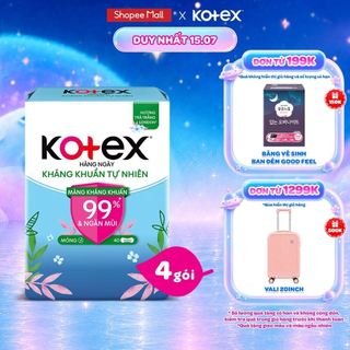Combo 4/Combo 8 gói băng vệ sinh Kotex hằng ngày kháng khuẩn không cánh (40M/gói)