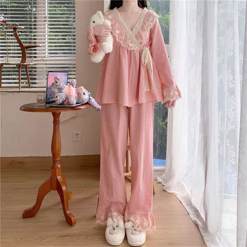 Bộ đồ ngủ màu hồng ngọt ngào dành cho nữ Đồ ngủ dễ thương Bộ đồ ngủ dài tay mỏng Bộ đồ ngủ ren công chúa Bộ đồ ngủ kiểu công chúa, bộ đồ ngủ dài tay xuân thu dành cho nữ,