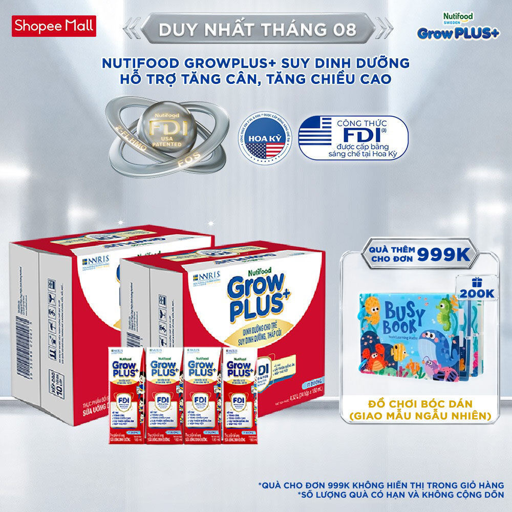 Thùng SBPS Nutifood GrowPLUS+ ít đường Suy Dinh Dưỡng - Tăng Cân, Tăng Chiều Cao (48 Hộp x 180ml) (Bao bì tùy lô hàng)